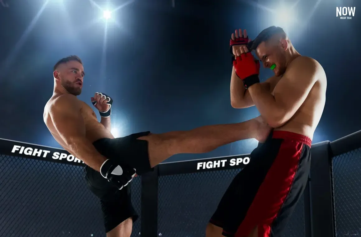 A fighter combining Muay Thai techniques with MMA, using a front push kick to create distance during a striking exchange.