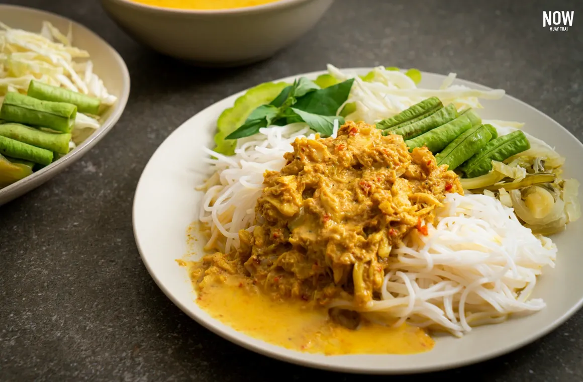  Khanom Jeen Nam Ya Poo, a Southern Thai dish featuring rich crab curry served over soft rice noodles, often paired with fresh vegetables.