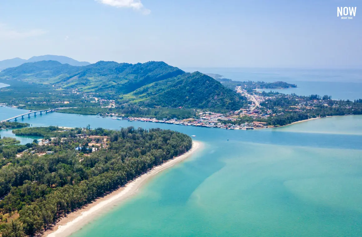 Aerial view of Lanta Noi Island and Lanta Yai connected by the Siri Lanta Bridge in Krabi, Thailand.
